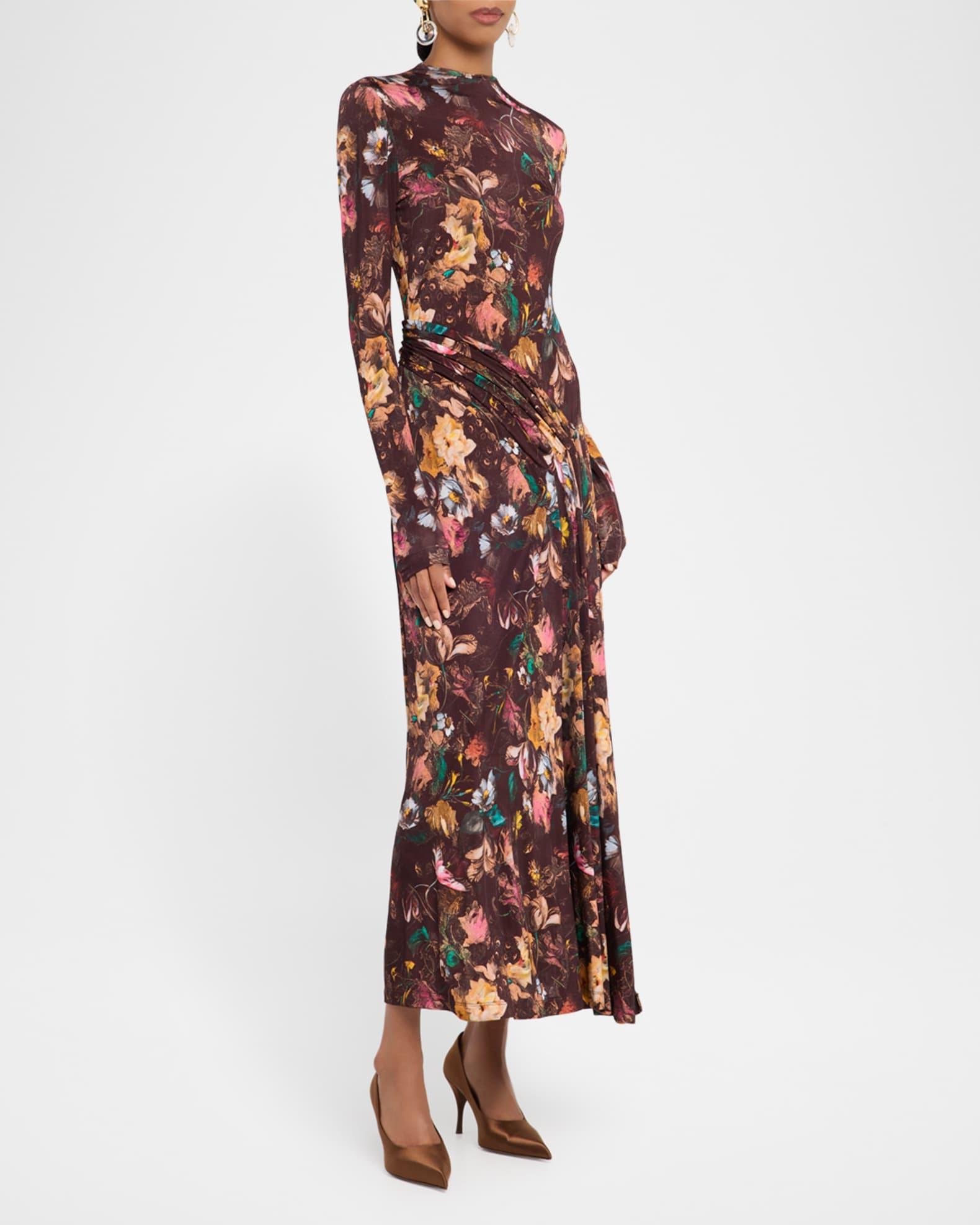 Floral Long-Sleeve Draped Ankle Dress Product Image