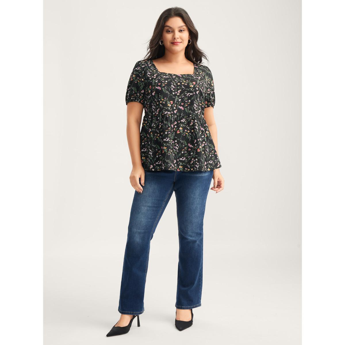Plus Size Black Floral Print Bow Back Detail Blouse Women Timeless Short sleeve Square Neck Elegant Blouses BloomChic 10/M Product Image