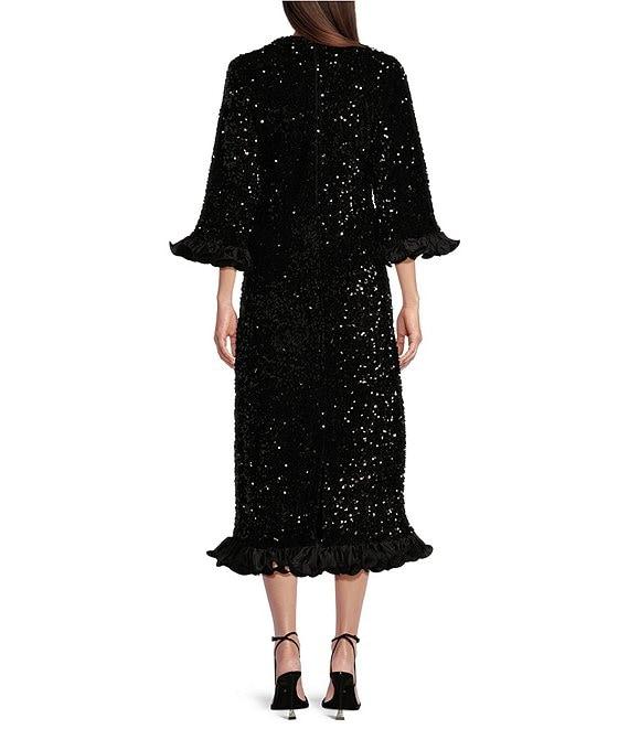 FRANCES VALENTINE Plaza Sequin Round Neck 3/4 Sleeve Satin Trim Midi Dress Product Image