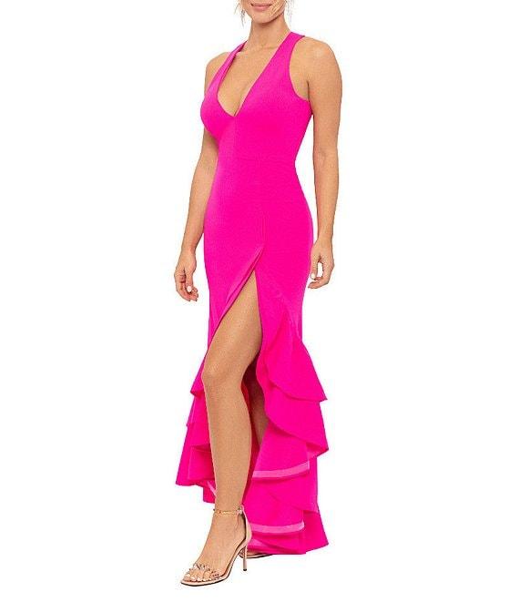 Betsy & Adam Stretch Deep V-Neck Sleeveless Tiered Ruffle Front Slit Gown Product Image