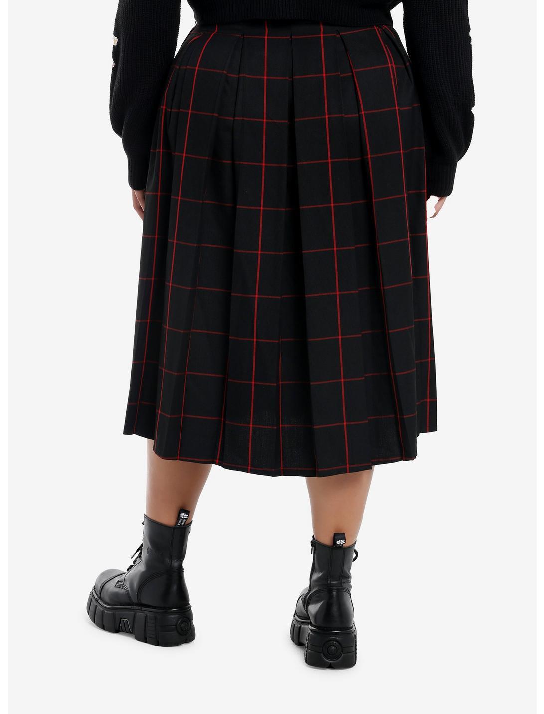 Social Collision Black & Red Windowpane Plaid Pleated Midi Skirt Plus Size Product Image