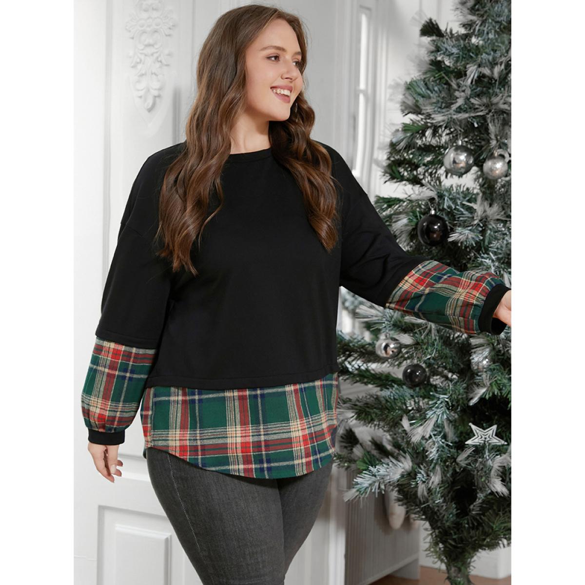Plus Size Plaid Patchwork Arc Hem Drop Shoulder Sweatshirt Women DarkGreen Elegant Contrast Round Neck Dailywear Sweatshirts BloomChic 14-16/1X Product Image