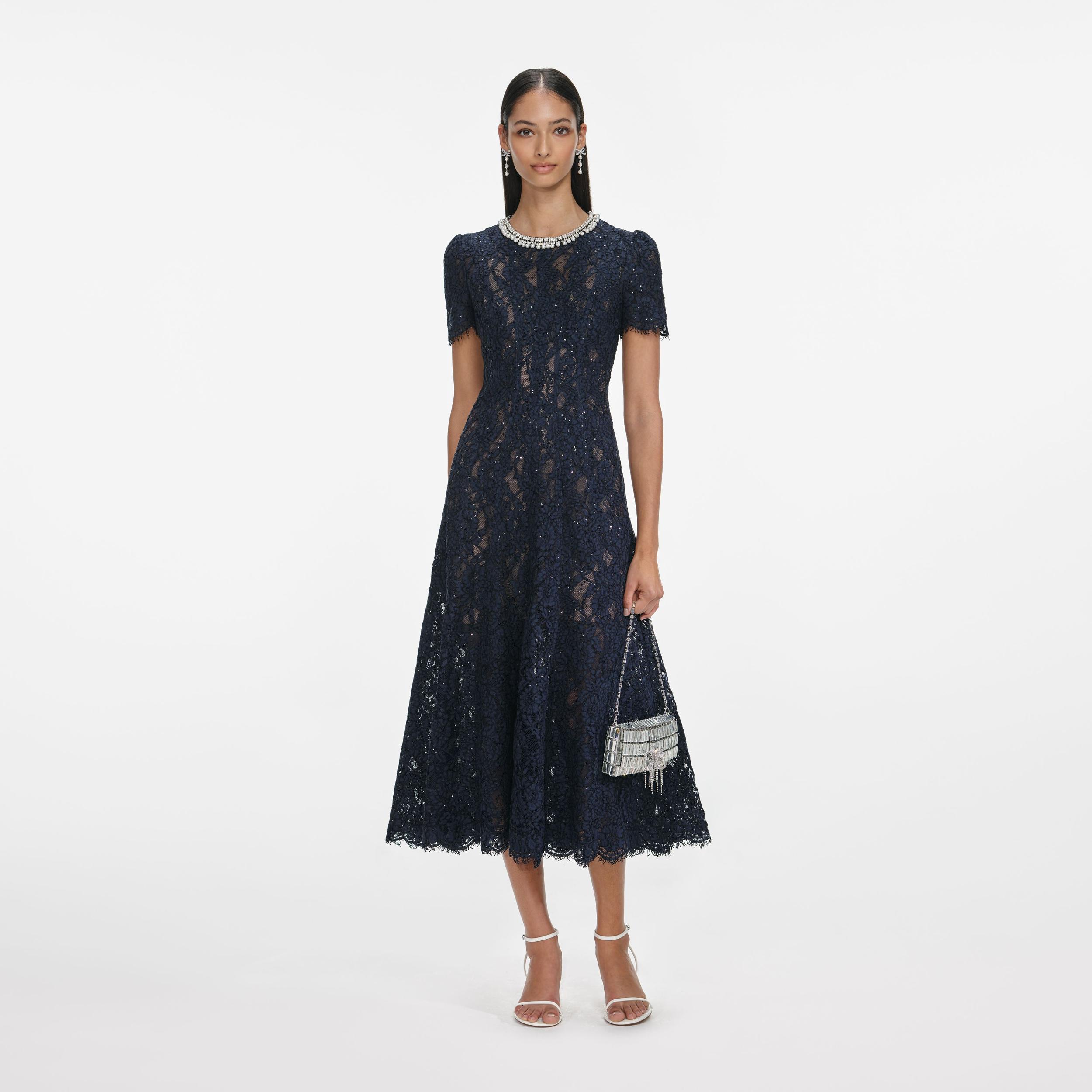 Navy Lace Embellished Midi Dress Product Image