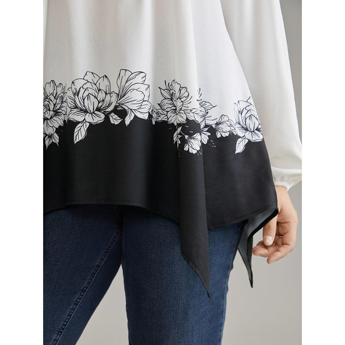Plus Size White Boho Print Contrast Pleated Hanky Hem Blouse Women Vacation Long Sleeve Round Neck Vacation Blouses BloomChic 18-20/2X Product Image