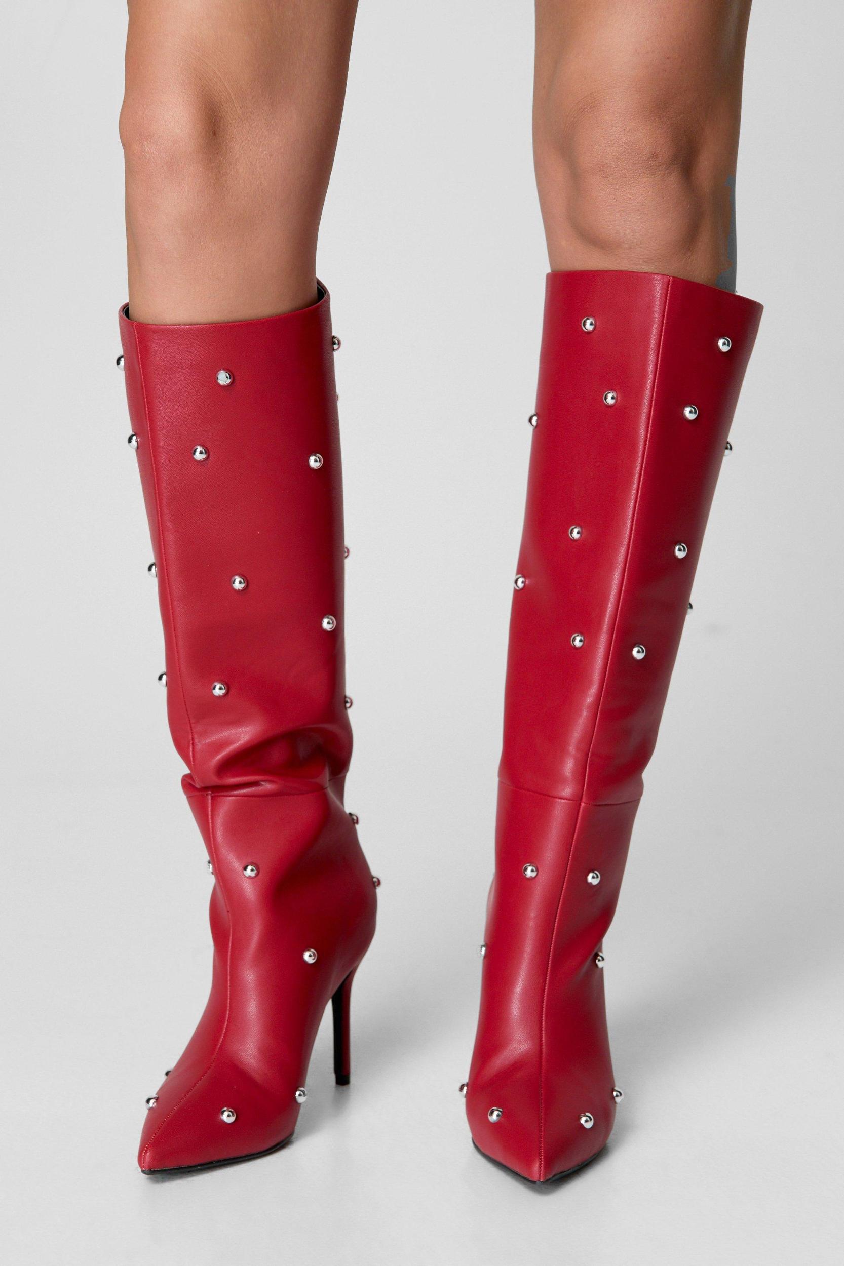 Faux Leather Dome Stud Knee High Boots Product Image
