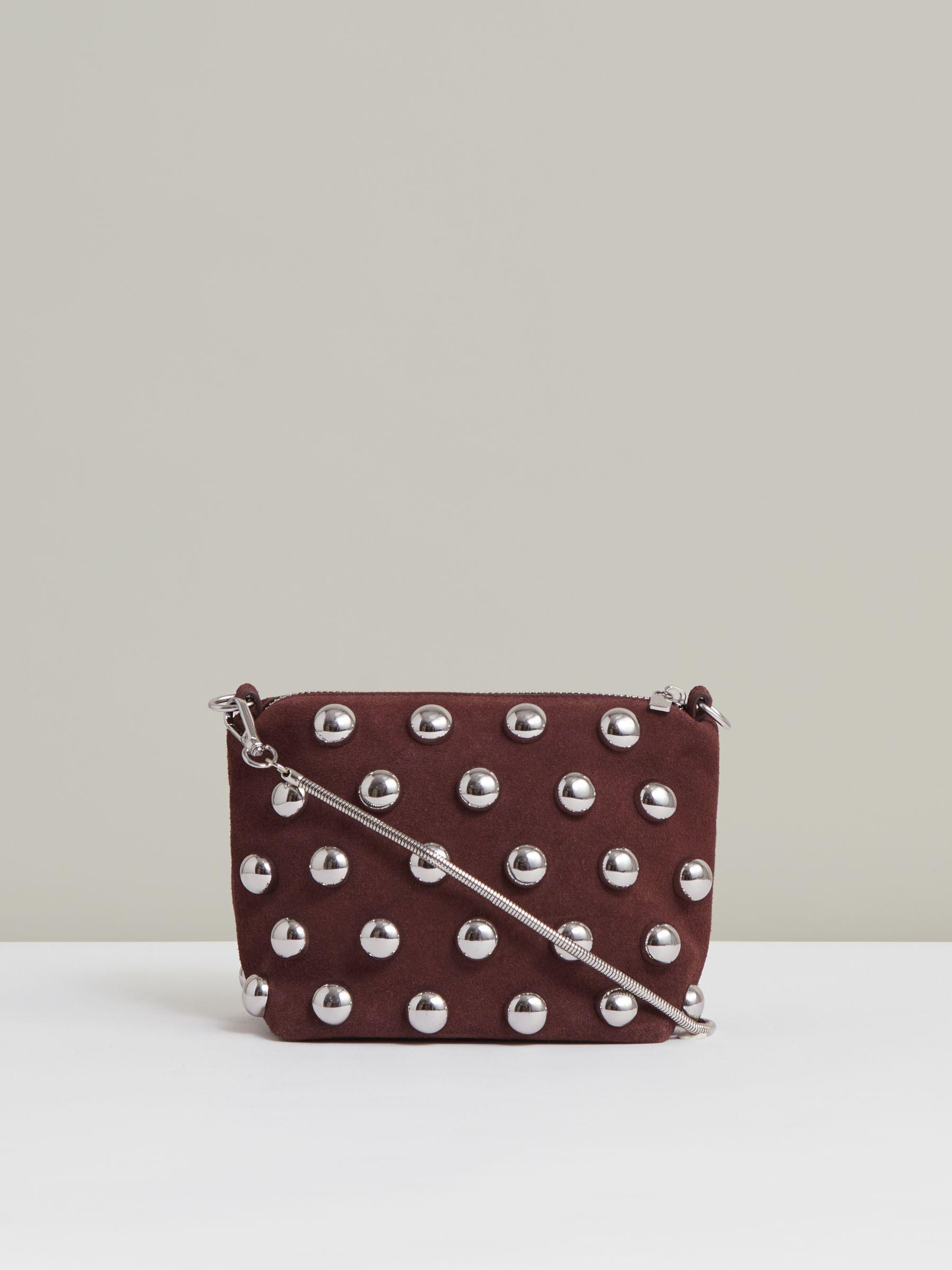Suede Studded Shoulder Bag in Oxblood Product Image
