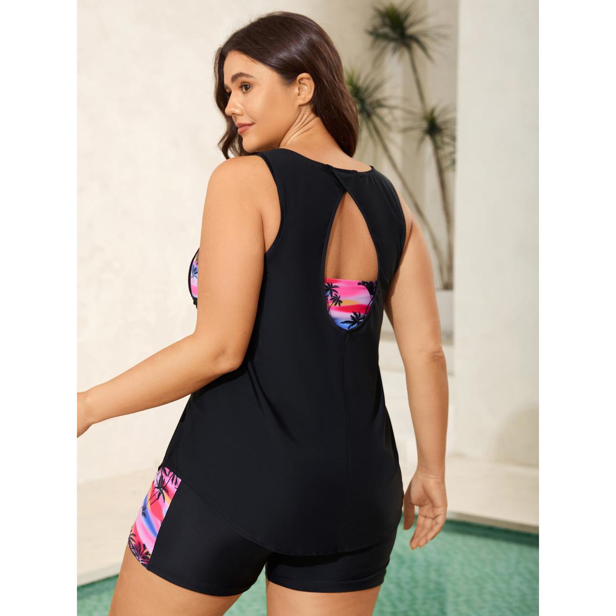 Plus Size Two-Piece Tropical Print Contrast Swim Top Women's Swimwear Black Resort Contrast High stretch Bodycon U-neck Curve Swim Tops BloomChic 18-20/2X Product Image