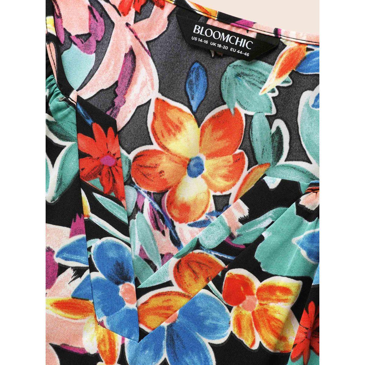 Plus Size Colored Floral Notched Elastic Waist Midi Dress Black Women Elegant Gathered Flat collar with V-notch Extra Long Sleeve Curvy BloomChic 22-24/3X Product Image