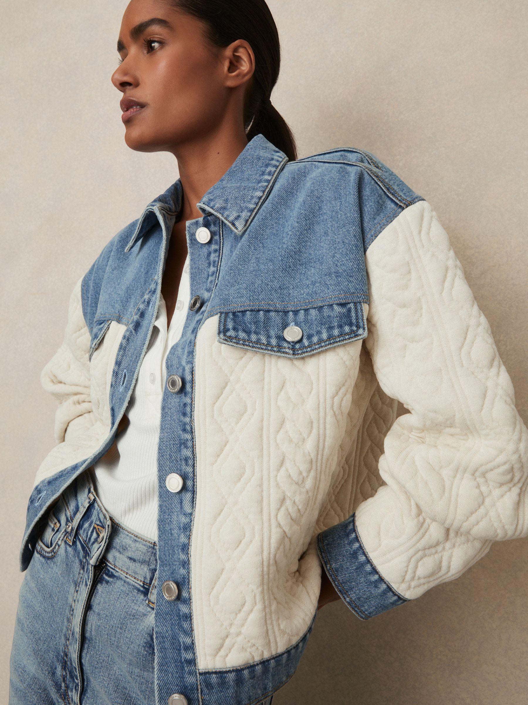Quilted Colour Block Denim Jacket in Denim Blue Product Image