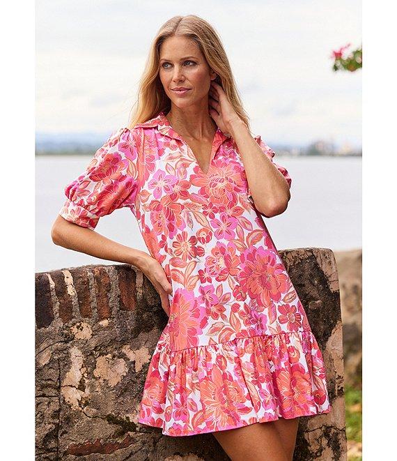 Jude Connally Tierney Metallic Peony Dream Print Knit Point Collar V-Neck Short Puff Sleeve Drop Waist Flounce Hem Dress Product Image