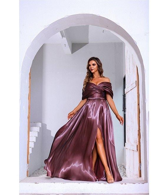 Terani Couture Off-The-Shoulder Pleated Short Sleeve Shimmer Organza A-Line Gown Product Image