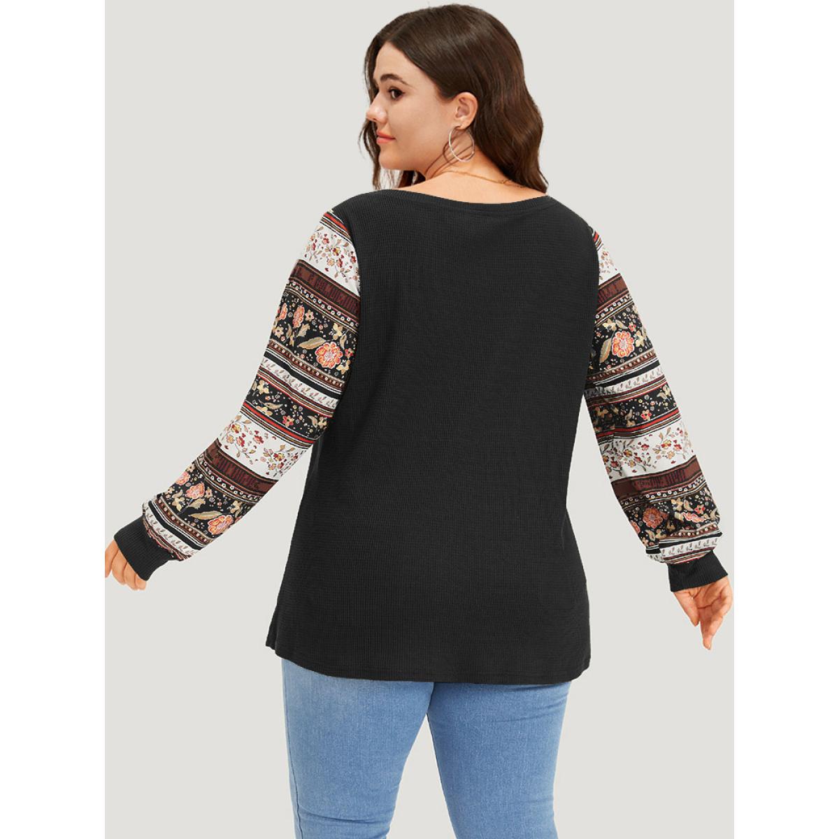 Plus Size Boho Print Patchwork Crew Neck Sweatshirt Women Black Casual Elastic cuffs Round Neck Everyday Sweatshirts BloomChic 14-16/1X Product Image