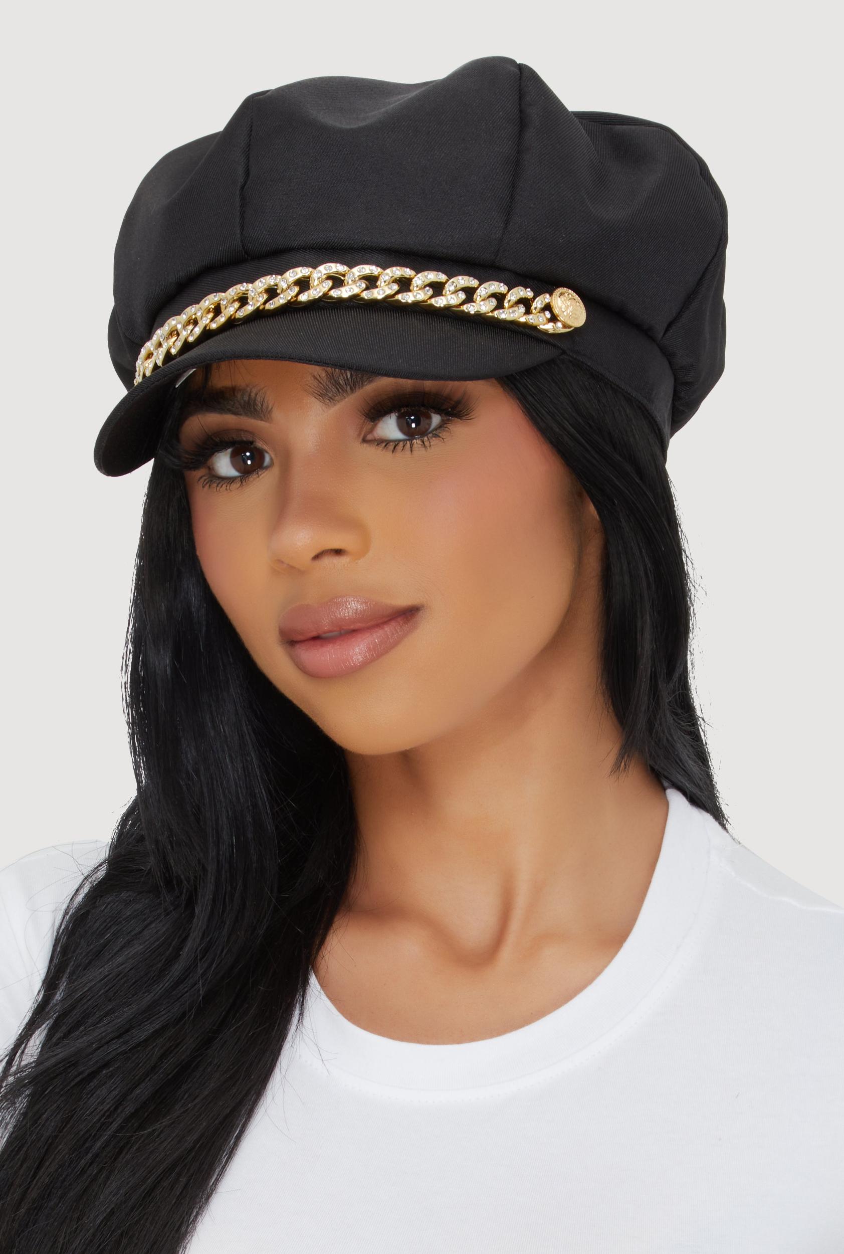 Rhinestone Curb Chain Detail Cabbie Hat Female Product Image