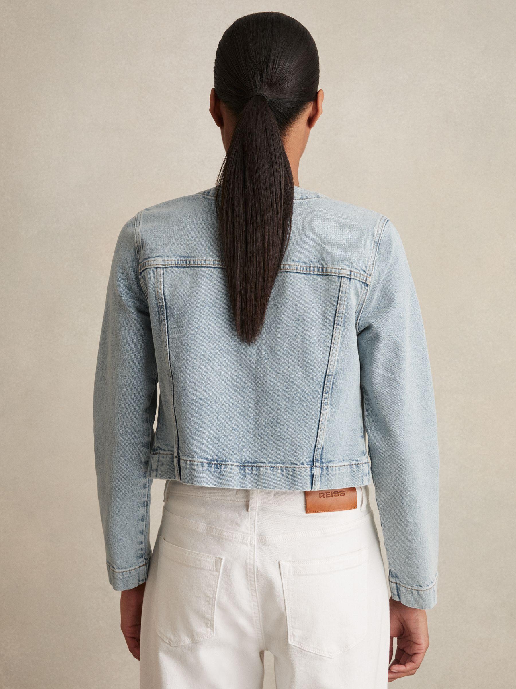 Collarless Cropped Denim Jacket in Light Blue Product Image