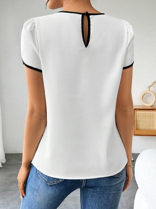 Loose Short Sleeves Hollow Pleated Round-Neck Blouses&Shirts Tops Product Image