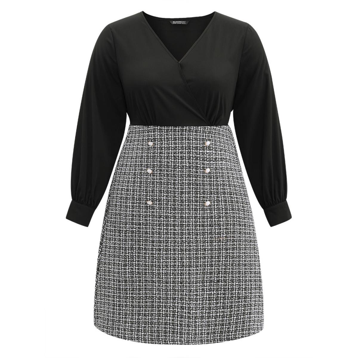 Plus Size Gingham Coarse Tweed Pocket Overlap Collar Dress Black Women Elegant Texture Overlap Collar Long Sleeve Curvy Midi Dress BloomChic 12/L Product Image