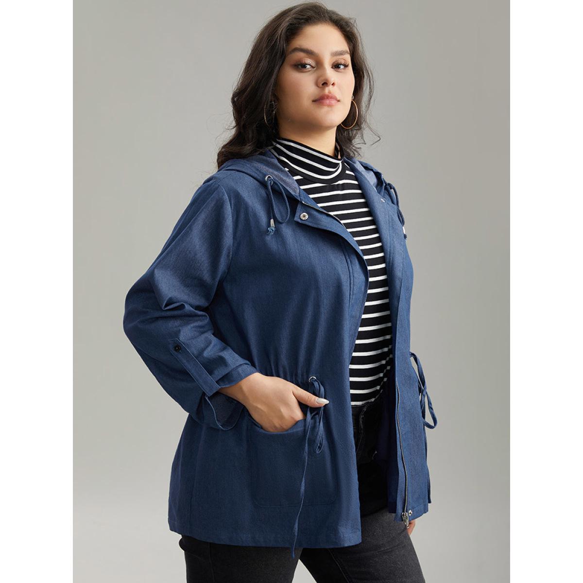 Plus Size Solid Drawstring Knot Zipper Windbreaker Women Indigo Plain Pocket Everyday Jackets BloomChic 12/L Product Image