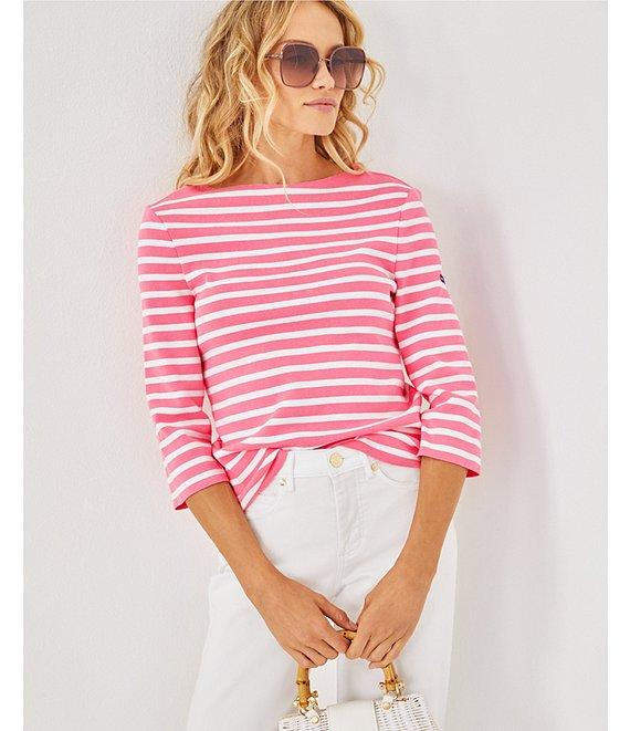 Lilly Pulitzer x Saint James Voissey Contrast Stripe Round Neck 3/4 Sleeve Fine Gauge Knit Sweater Product Image