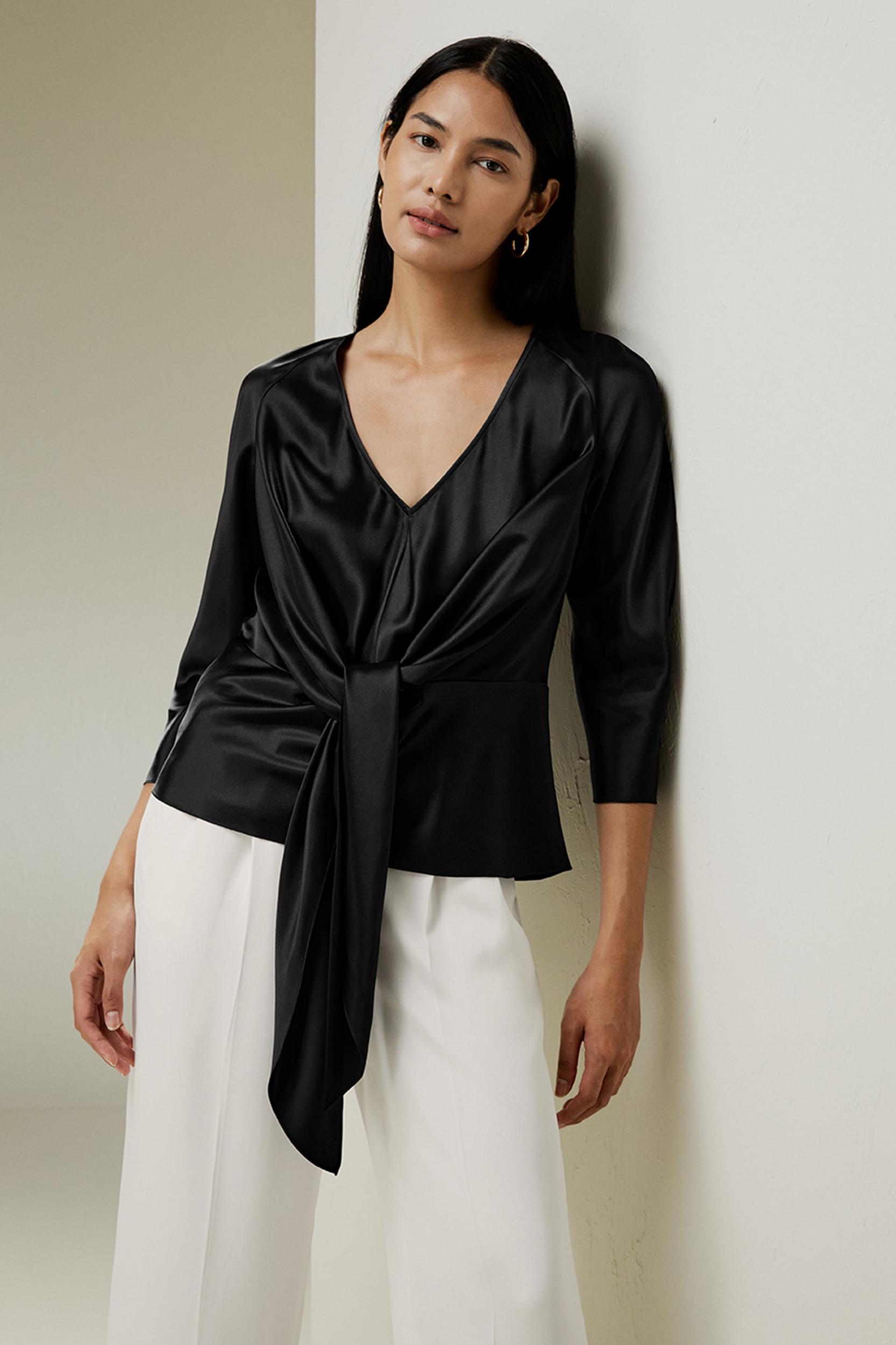 LILYSILK X MIM V Neck Silk Blouse with Waist Tie Product Image