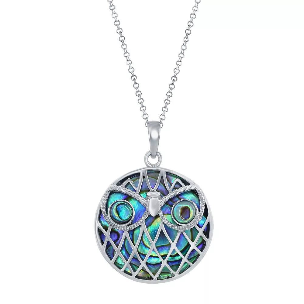 Sterling Silver Abalone Round Owl Necklace, Womens Product Image