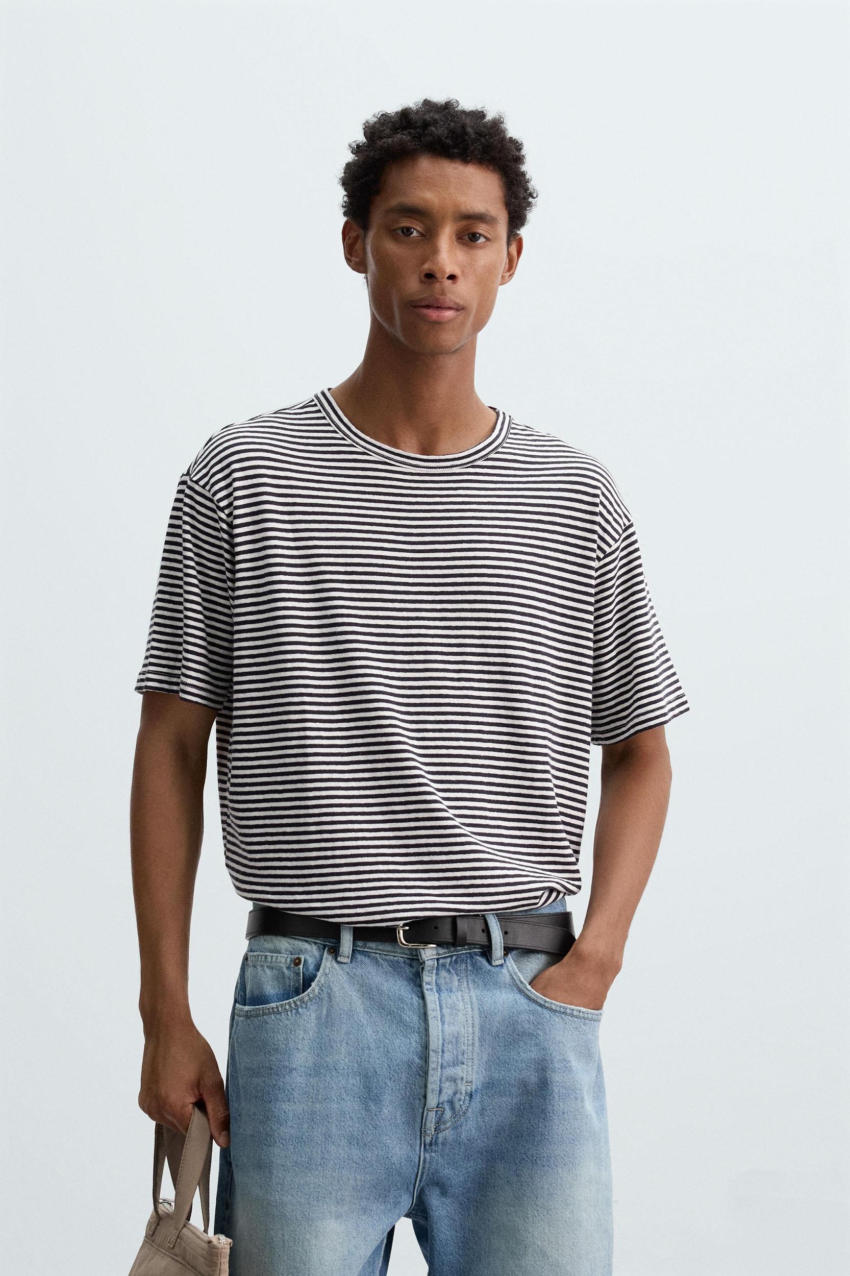 STRIPED COTTON LINEN BLEND T-SHIRT Product Image
