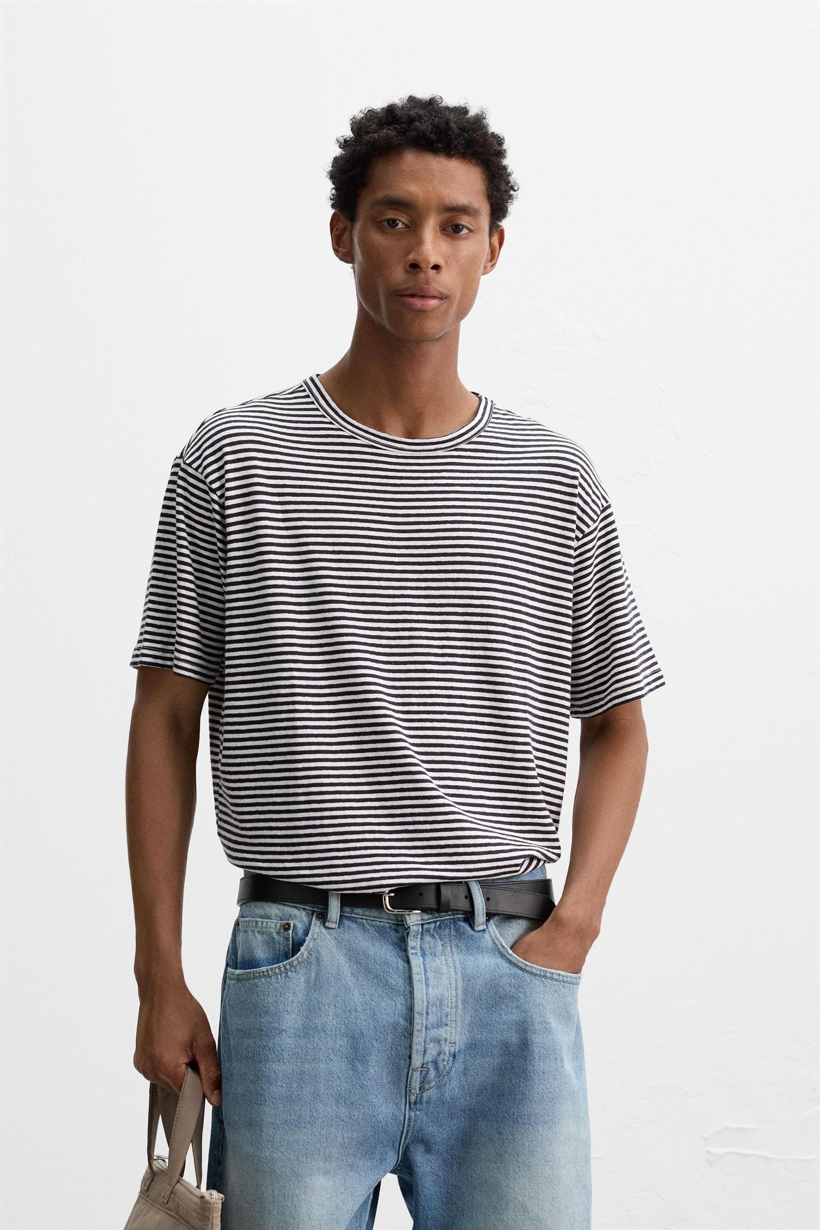 STRIPED COTTON LINEN BLEND T-SHIRT Product Image