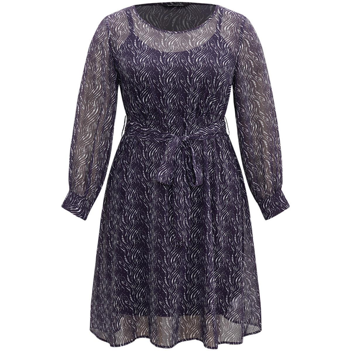 Plus Size Geometric Mesh Elastic Waist Belted Dress Indigo Women Office See through Round Neck Long Sleeve Curvy Midi Dress BloomChic 14-16/1X Product Image