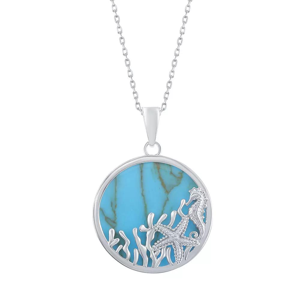 Sterling Silver Simulated Turquoise Starfish & Seahorse Necklace, Women's, Size: 18" Product Image