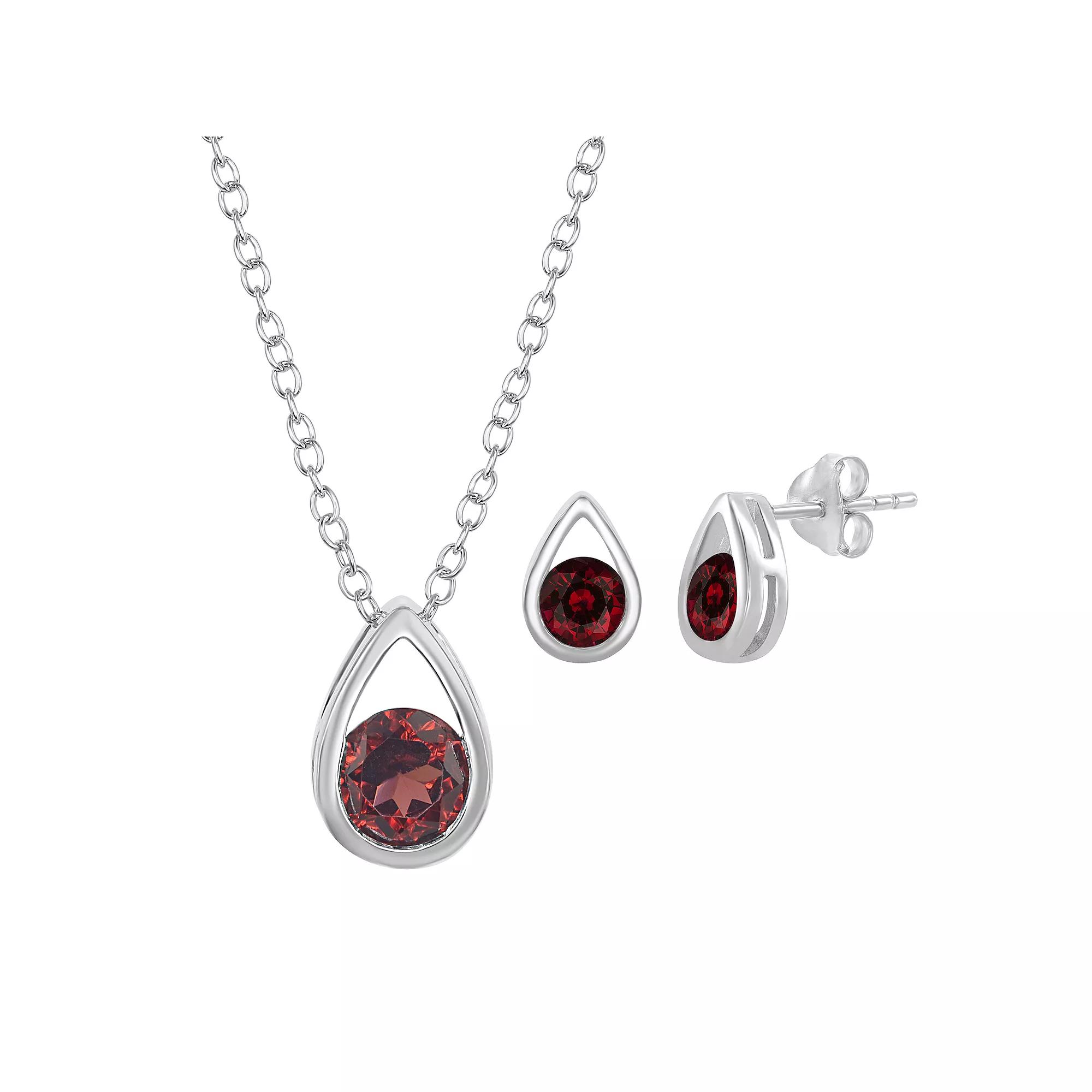 Sterling Silver Gemstone Teardrop Pendant & Stud Earring Set, Women's, Size: 16-18" ADJ, Red Product Image