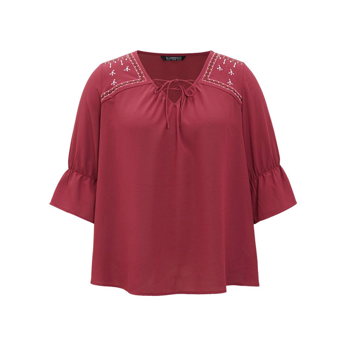 Plus Size Burgundy Plain Embroidered Lace Up Bell Sleeve Blouse Women Vacation Elbow-length sleeve V-neck Dailywear Blouses BloomChic 18-20/2X Product Image