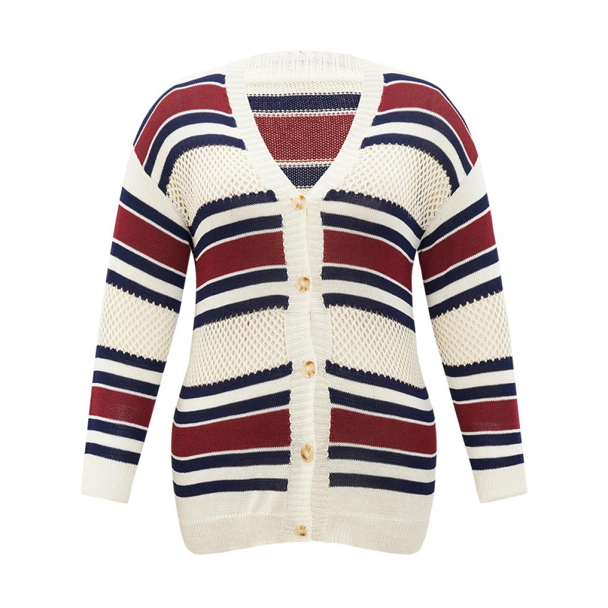 Plus Size Striped Hollow Out Patchwork Button Detail Cardigan Beige Women Casual Loose Long Sleeve Everyday Cardigans BloomChic 14-16/1X Product Image