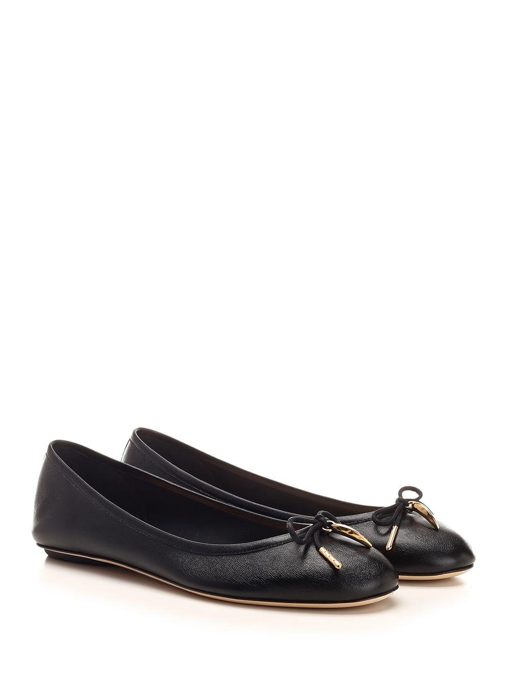 CHLOÉ Bow Detail Round Toe Flat Sole Ballerina Shoes In Black Product Image