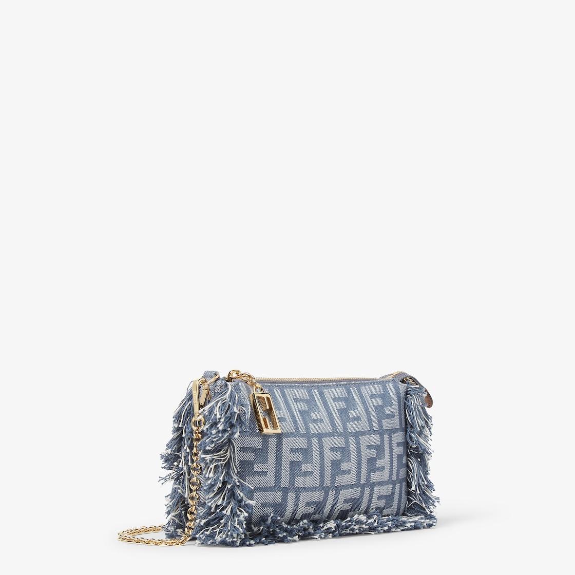 Baguette PouchBlue denim-effect FF jacquard charm pouch with chain Product Image
