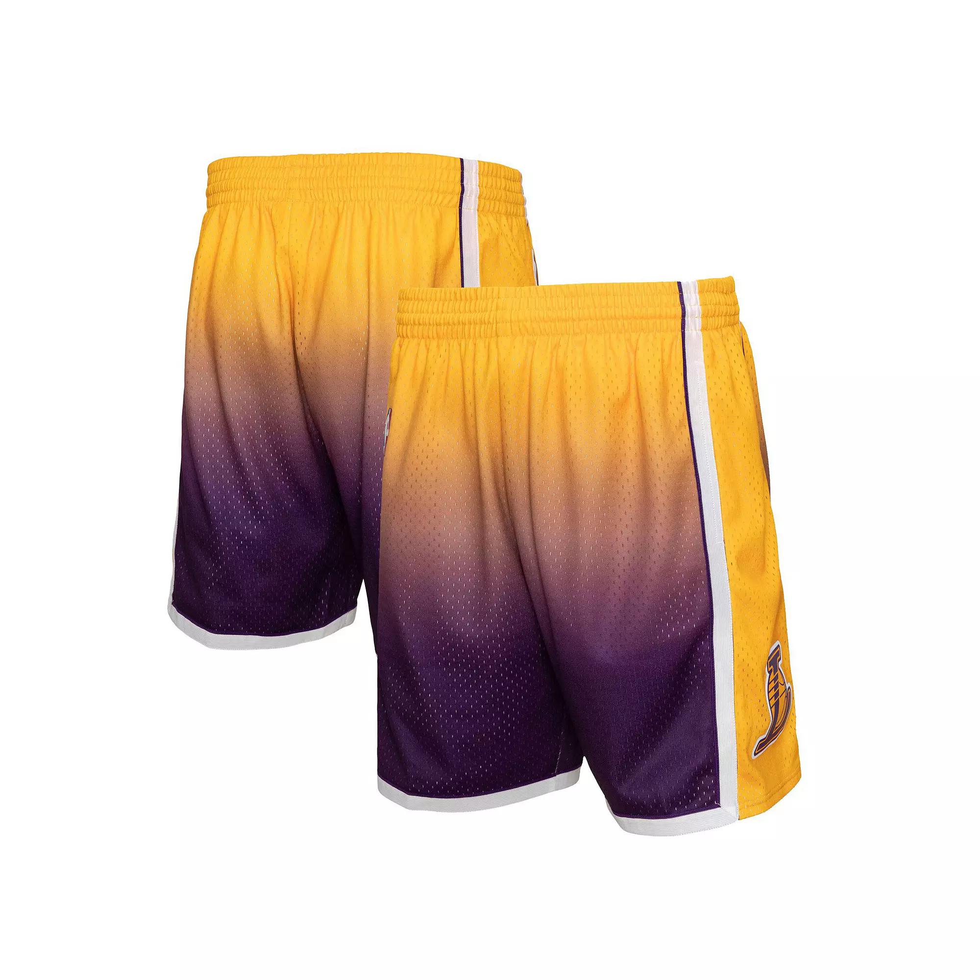 Men's Mitchell & Ness Gold/Purple Los Angeles Lakers 2009/10 Hardwood Classics Fadeaway Reload 3.0 Swingman Shorts,  Product Image