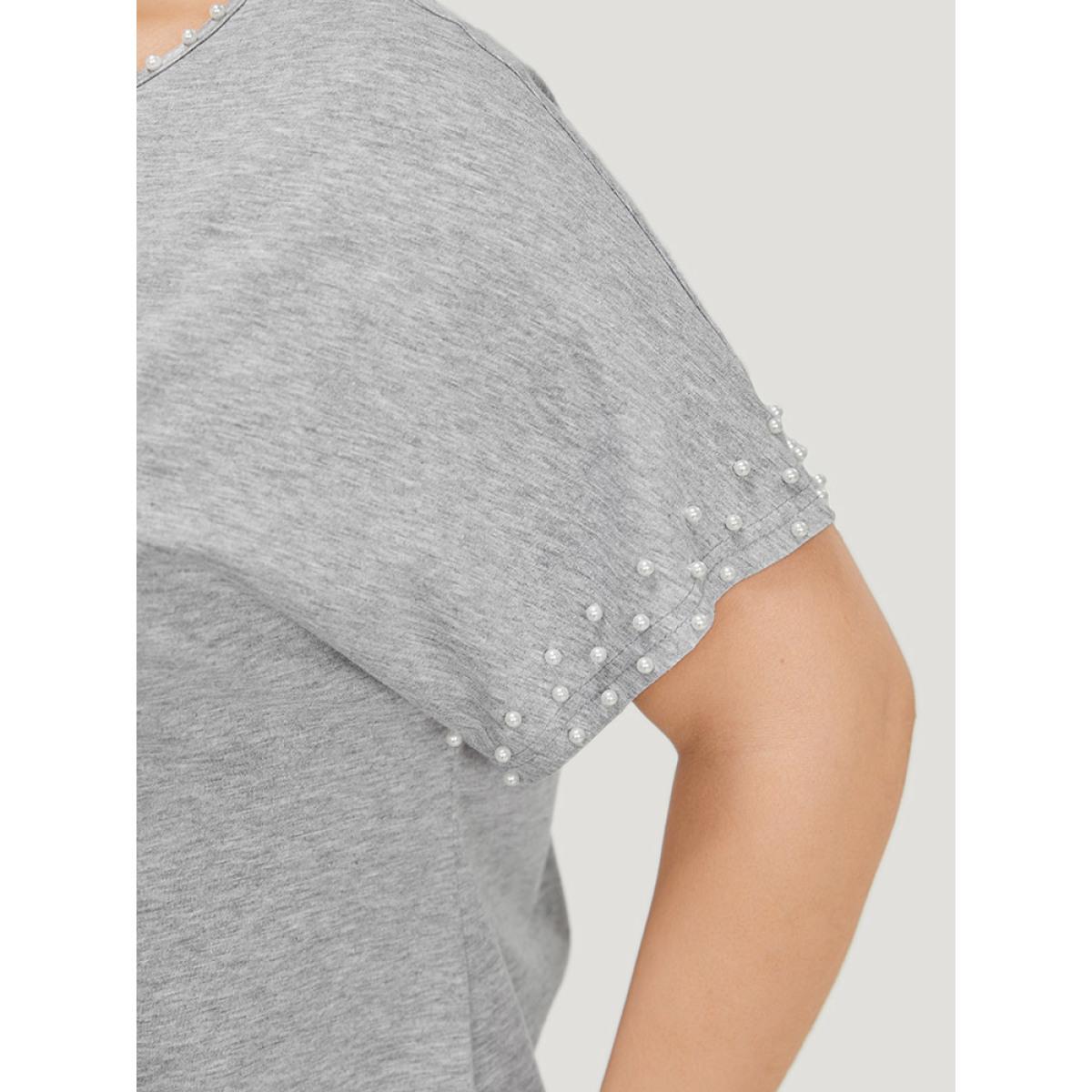 Plus Size Plain Heather Pearl Beaded Crew Neck T-shirt Gray Women Elegant Beaded Plain Round Neck Dailywear T-shirts BloomChic 12/L Product Image