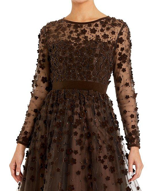 Mac Duggal Illusion Round Neck Long Sleeve Velvet Trim Floral Fit & Flare Midi Dress Product Image
