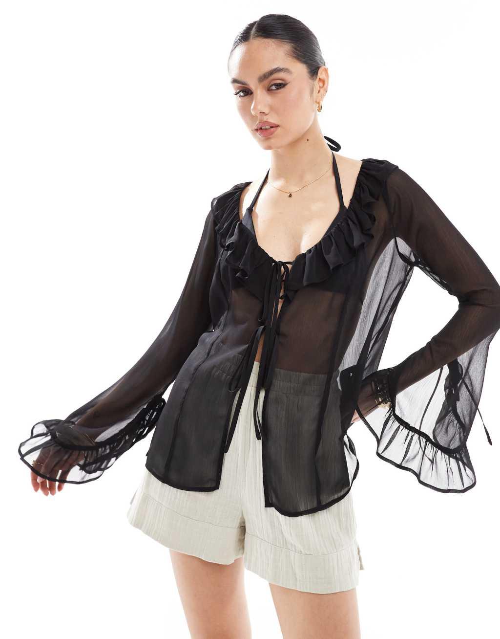 Miss Selfridge beach chiffon tie front cover up in black Product Image