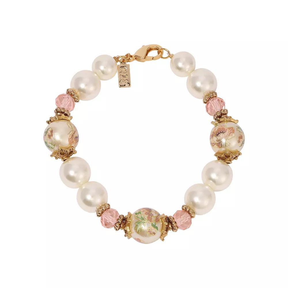 1928 Gold Tone Flower Decal Faux Pearl Pink Crystal Bracelet, Women's, White Product Image