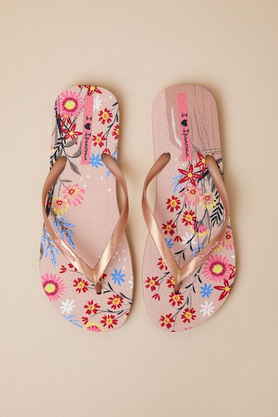 Verao Tropical Beige and Gold Floral Flip Flops Product Image