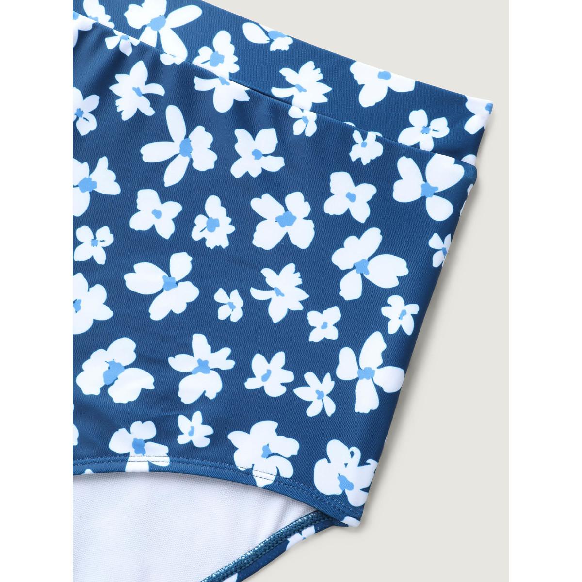 Plus Size Floral Print Contrast Swim Dress Women's Swimwear Indigo Resort Bodycon Overlap Collar High stretch Curve Swim Dresses BloomChic 30/6X Product Image