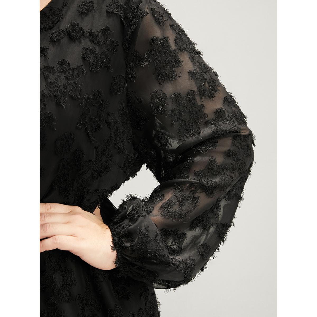Plus Size Black Floral Mesh Lantern Sleeve Surplice Neck Fuzzy Blouse Women Glamour Long Sleeve V-neck Going out Blouses BloomChic 22-24/3X Product Image