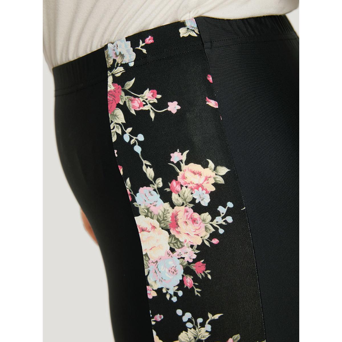 Plus Size Floral Print Elastic Waist High Rise Patchwork Leggings Women Black Elegant High stretch Skinny High Rise Dailywear Leggings BloomChic 22-24/3X Product Image