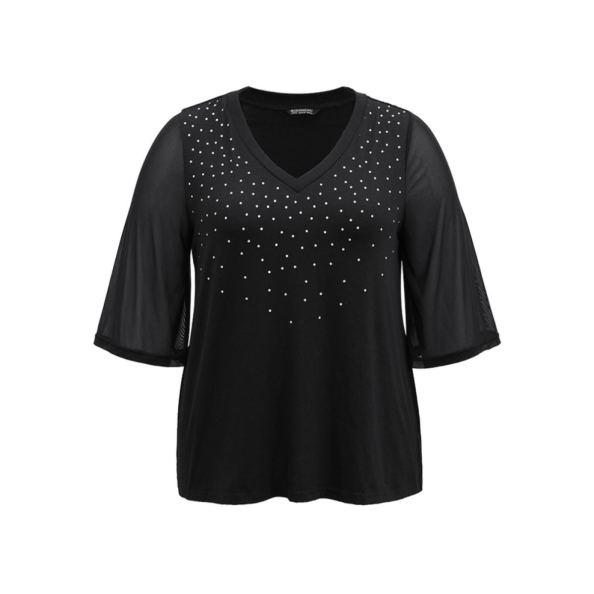 Plus Size Plain Patchwork Mesh Rhinestone Detailing T-shirt Black Women Elegant Rhinestone detailing Galaxy V-neck Dailywear T-shirts BloomChic 30/6X Product Image