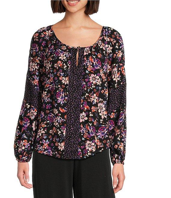 I.N. Studio Woven Mixed Print Crew Neck Long Sleeve Top Product Image