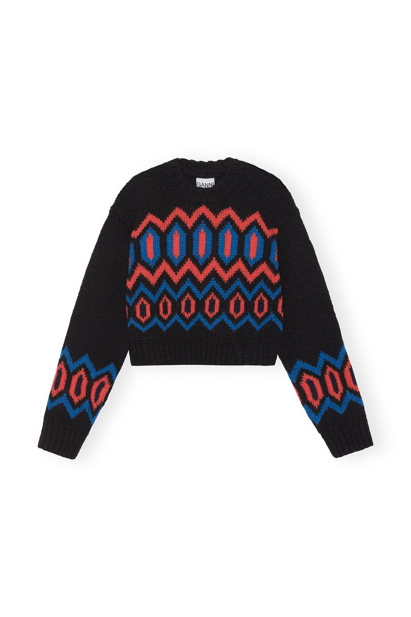 Black Chunky Wool Cropped O-neck Sweater Product Image