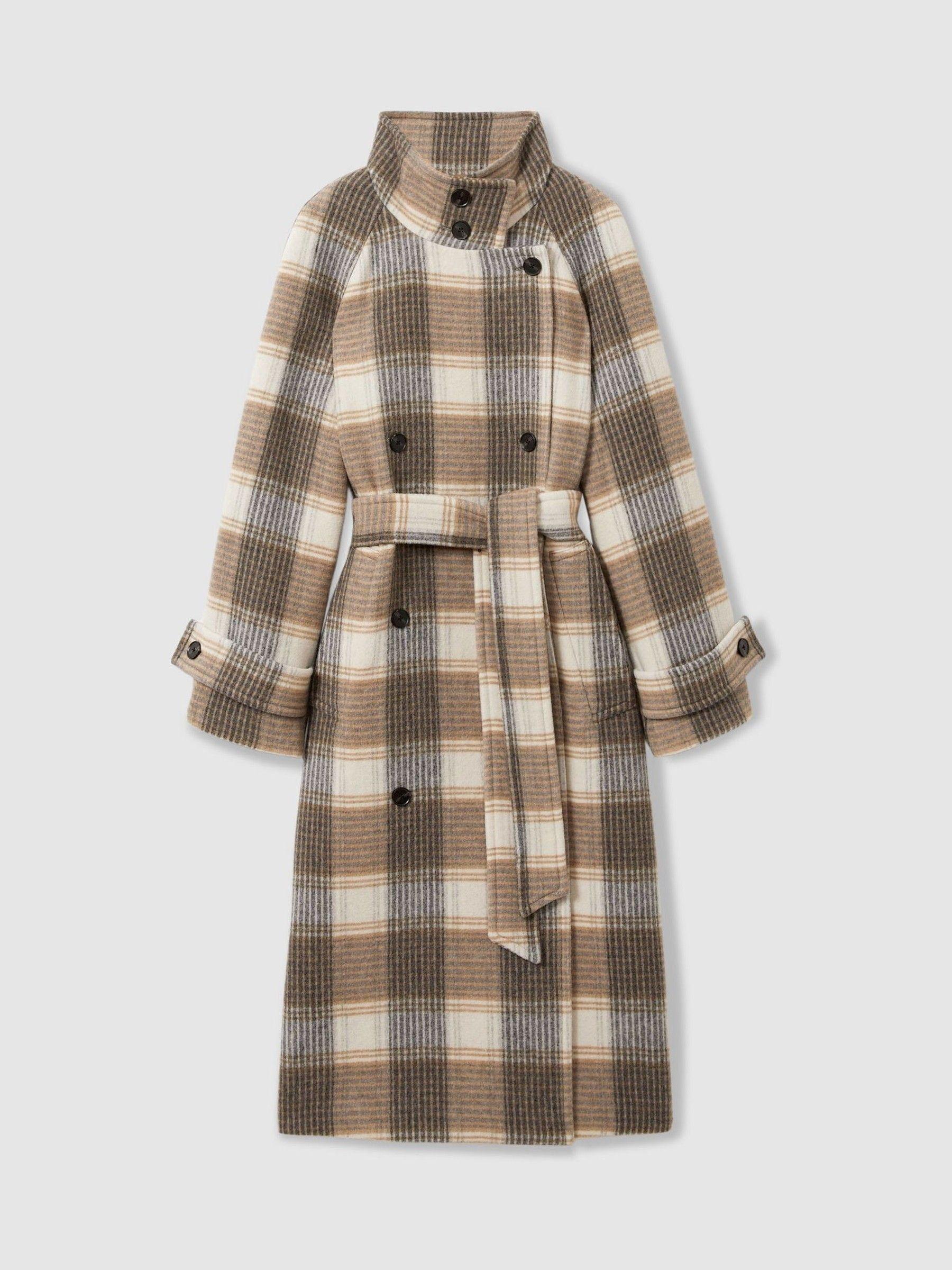 Wool Blend Check Double Breasted Coat in Neutral Check Product Image