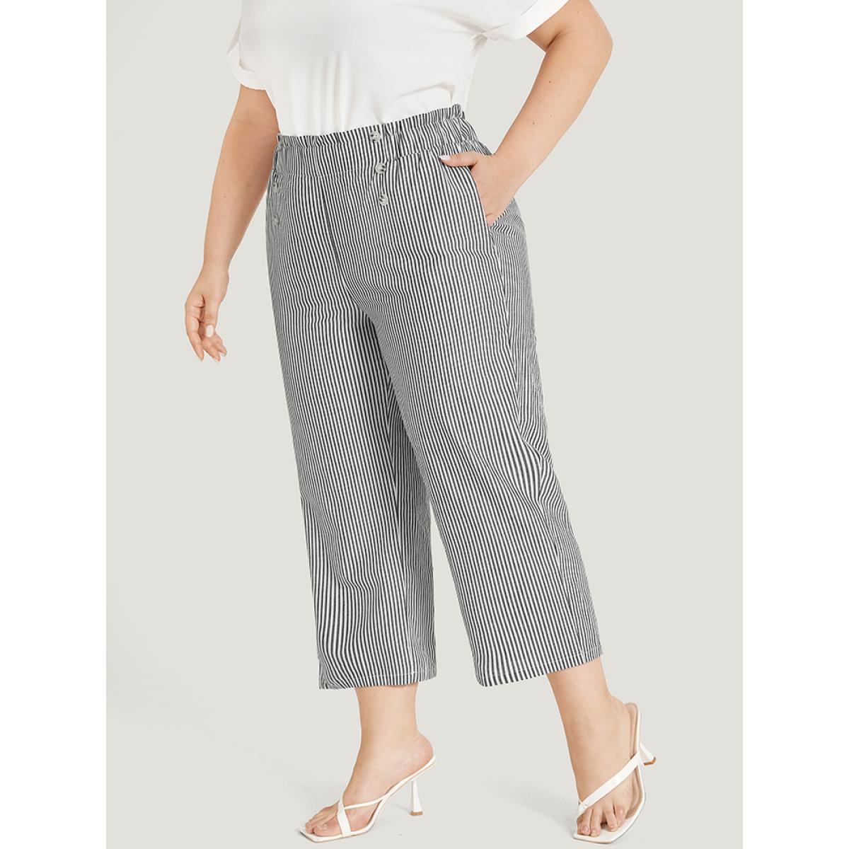 Plus Size Striped Pocket Button Detail Paperbag Waist Pants Women Black Office Straight Leg High Rise Office Pants BloomChic 26/4X Product Image