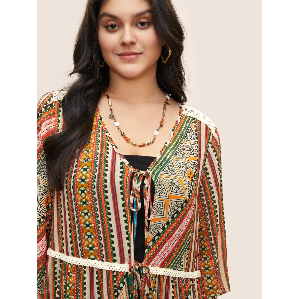 Plus Size Bandana Lace Patchwork Pocket Ties Kimono Women Turquoise Resort Non Vacation Kimonos BloomChic 18-20/2X Product Image