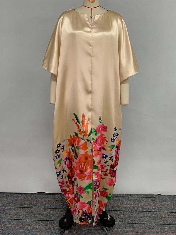 A-Line Half Sleeves Elasticity Flower Print Split-Front V-Neck Maxi Dresses Product Image