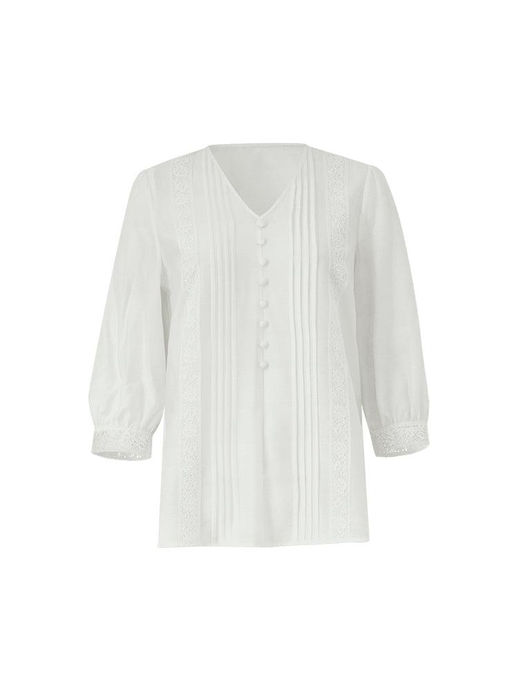 Acetate V-Neck Lace Trim Women Blouse Product Image